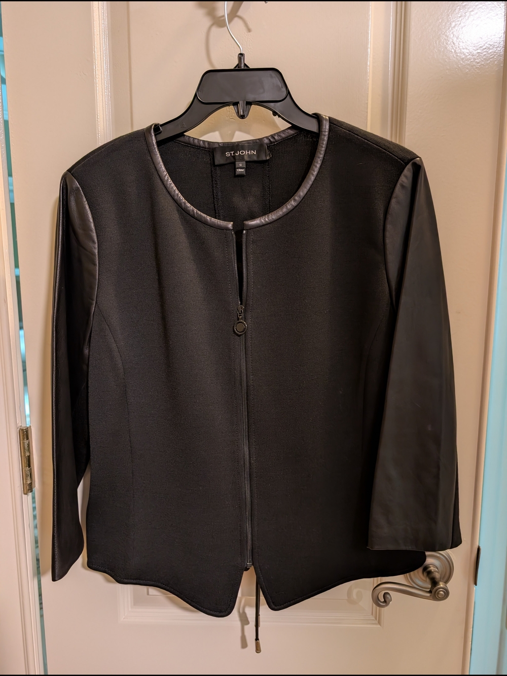 St. John Black Knit Jacket with Leather-Trimmed Sleeves